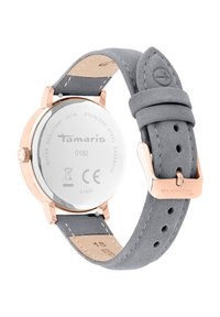 Runde Uhr mit einem Gehäuse aus rostfreiem Stahl, grauem Wildlederarmband und roségoldenen Akzenten. Wasserbeständig bis zu 3 ATM.