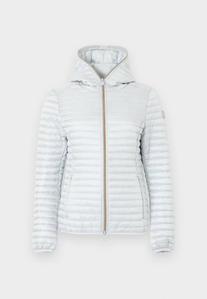 Veste matelassée gris clair à capuche avec fermeture éclair frontale et deux poches latérales, conçue pour temps froid.