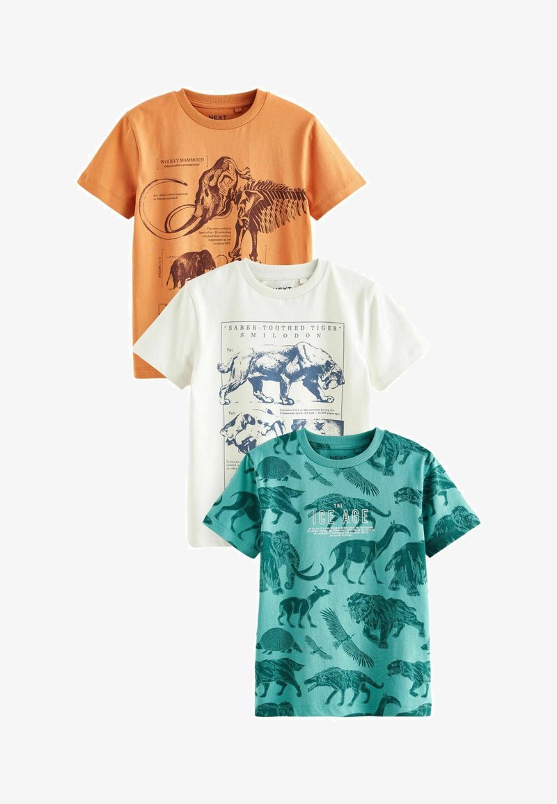 Tre kortærmede t-shirts: orange med grafik af en uldhåret mammut, hvid med illustration af en sabeltandet tiger og grøn med issalder dyremotiver.