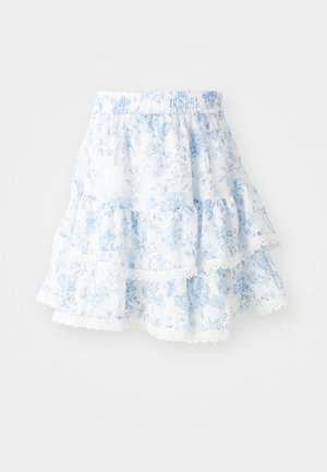 Gestufter blauer Blumenrock aus leichtem Stoff. Mit einem weißen Spitzenbesatz am Saum und einem elastischen Bund für zusätzlichen Komfort.