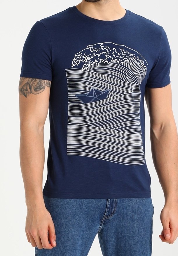 Navy blue cotton T-shirt with white wave and boat graphic print. Crew neckline, short sleeves, and a standard fit.