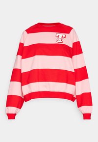 Sweatshirt a righe rosse e rosa con collo a giro, spalle scese, polsini a costine e logo ricamato sul petto.