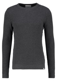 Maglione grigio a coste con maniche lunghe e scollatura rotonda. Presenta un tessuto testurizzato e dettagli all'orlo. Design minimalista senza decorazioni.