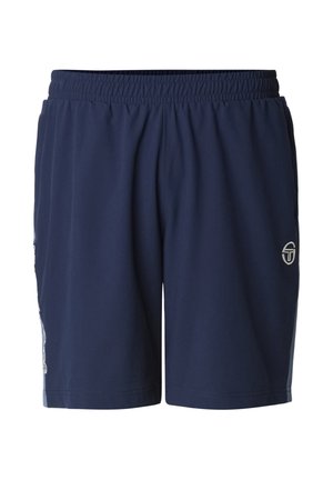 Pantaloncini sportivi blu navy con cintura elastica, tasche laterali e piccolo logo bianco sulla gamba destra su sfondo bianco.