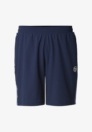 Pantaloncini sportivi blu navy con cintura elastica, tasche laterali e piccolo logo bianco sulla gamba destra su sfondo bianco.