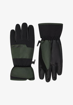 Een paar zwarte en donkergroene winterhandschoenen met een gestructureerde handpalm, verstelbare polsbanden en elastische manchetten.
