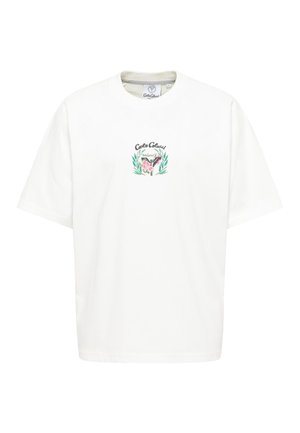 White cotton t-shirt with a round neck and short sleeves, featuring a central graphic of a flamingo and flowers within a leaf wreath.