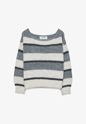 Sweter z dzianiny o luźnym kroju, z poziomymi szarymi i białymi paskami. Miękka struktura, szeroki dekolt i ściągacze na mankietach.