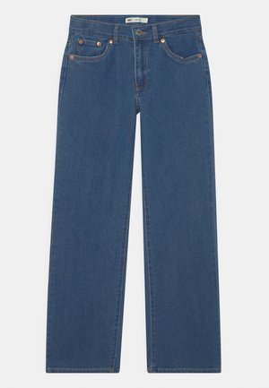 Blå straight-leg denimjeans med frontknap- og lynlåslukning, fem-lomme design og kobbernitte detaljer.