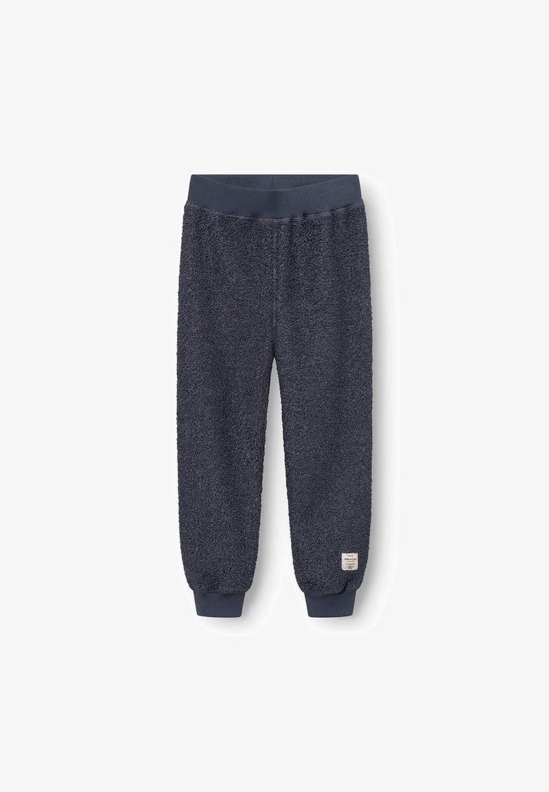 Donkerblauwe, fuzzy sweatpants met geribbelde tailleband en boorden; voorzien van een gewatteerde, zachte stof en een klein label aan de onderzijde links.
