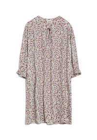 Robe fleurie avec un motif bleu clair, rouge et blanc. Elle présente un col rond, des manches longues et un détail à nouer au cou.