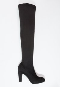 Black over-the-knee boots made of soft suede material, featuring a high block heel and a fitted silhouette with no visible detailing.
