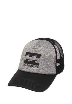 Szara i czarna czapka trucker Billabong z siatkowym tyłem i zakrzywionym daszkiem, z dwoma symbolami fal umieszczonymi nad nazwą marki na przednim panelu.