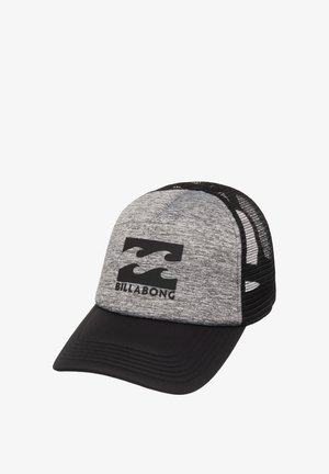 Graue und schwarze Billabong Trucker-Cap mit Netzrücken und gebogenem Schirm, die auf der Vorderseite zwei Wellen-Symbole über dem Markennamen zeigt.