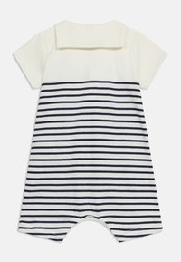 Λευκό βαμβακερό φορμάκι μωρού με κοντά μανίκια, ναυτικό μπλε οριζόντιες ρίγες από το μέσο του σώματος προς τα κάτω και γιακά σε στυλ ναυτάκι.