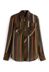 Chemise à manches longues boutonnée, en tissu transparent. Présente des rayures verticales en vert, bordeaux, orange et blanc ; comprend deux poches poitrine.