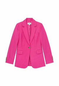Svijetlo rozi ženski blazer s jednim gumbom, s plitkim reverima, džepovima s poklopcima i manšetama sa četiri gumba, prikazan na bijeloj pozadini.
