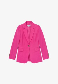 Blazer de mujer de color rosa brillante con un solo botón, solapas con muesca, bolsillos con solapa y puños con cuatro botones, presentado sobre fondo blanco.