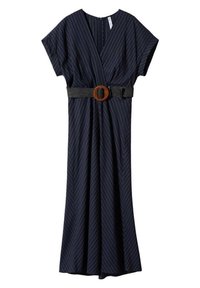 Meripaidattu tummansinisillä raitoilla varustettu mekko, jossa on V-pääntie, lyhyet hihat ja vyötäröllä saatu vyö ruskealla pyöreällä soljella. Kevyttä kangasta, joka laskeutuu lattiaan saakka.