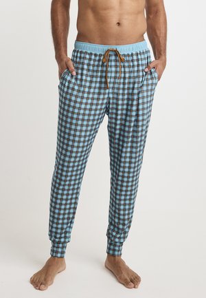 Light blue plaid pajama pants with elastic waistband and drawstring. Features side pockets and tapered cuffs at the ankles.