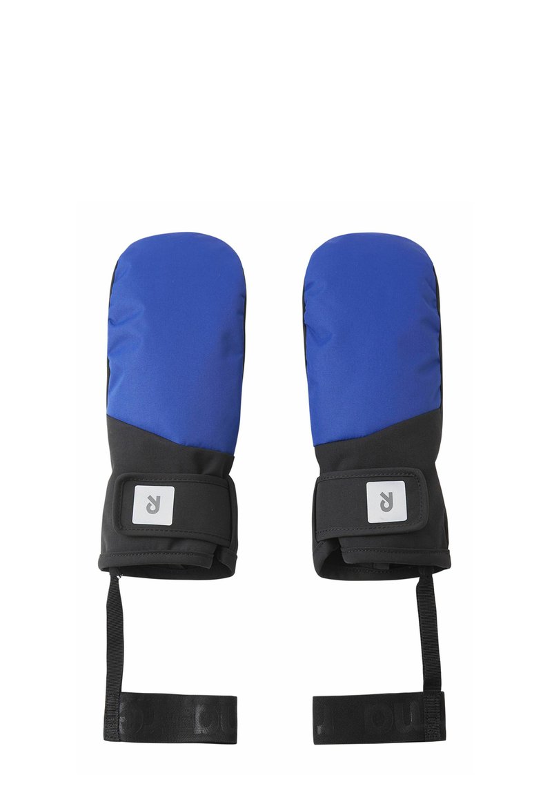 Blaue und schwarze isolierte Fäustlinge mit glatter Oberfläche, ausgestattet mit einem Klettverschluss und einem Logoaufnäher. Abgerundete Form für Wärme und Schutz.