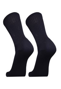 Navy cotton blend socks with ribbed texture, featuring a conventional ankle length and smooth finish, suitable for casual wear.