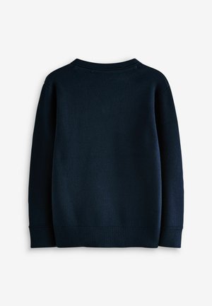 Pull marin avec un col rond, des poignets côtelés et une texture tricotée lisse. Présente un design simple et sans embellissements, sans motifs.