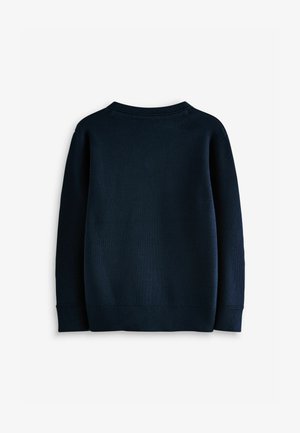 Jūras spēku džemperis ar apaļu kaklu, ribotām piedurknēm un gludu adījuma tekstūru. Iezīmē vienkāršu, neizsmalcinātu dizainu bez rakstiem.