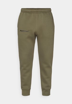 Olive green sweatpants with a tapered leg design, elastic waistband, and "PARIS" and Nike logo in black on the left thigh. Soft texture.