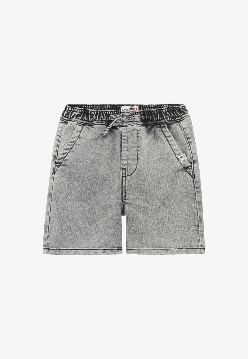 Graue Denim-Shorts mit elastischem Bund, Kordelzug und Seitentaschen. Sie zeichnen sich durch Kontrastnähte und ein lässiges Design aus.