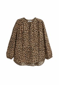 Leopardprint blouse met lange mouwen in bruin- en zwarttonen, met een ronde halslijn en gathered schouders voor een relaxte pasvorm.