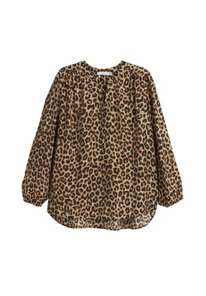 Leopardprint blouse met lange mouwen in bruin- en zwarttonen, met een ronde halslijn en gathered schouders voor een relaxte pasvorm.