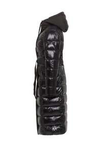 Black, long puffer coat with a hood, featuring a shiny texture, belted waist, and quilted design with horizontal seams.