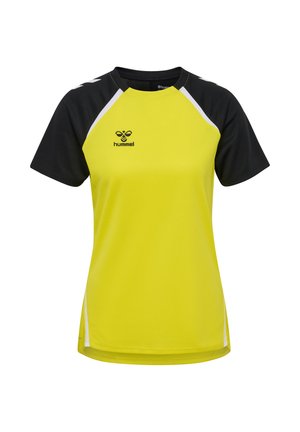Maglietta sportiva gialla a maniche corte con maniche nere, dettagli bianchi e scollatura rotonda. Presenta un logo sul davanti. Realizzata in materiale leggero.