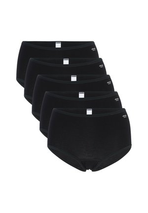 Fem sorte dameunderbukser med høj talje stablet i en række, hver med et lille hvidt mærke ved linningen og et diskret logo på siden.