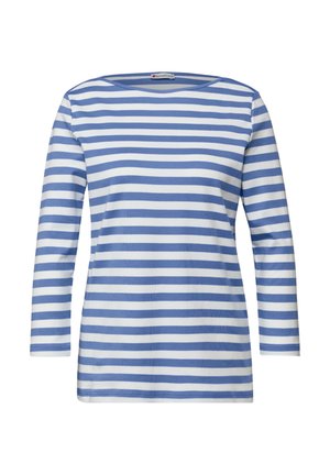 Chemise à manches longues en coton, avec des rayures horizontales bleues et blanches, un col rond et une coupe décontractée. Texture douce sans motifs complexes.