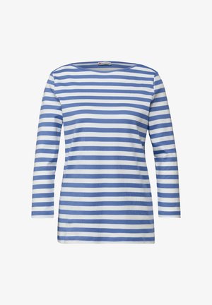 Langarmhemd aus Baumwolle mit horizontalen blauen und weißen Streifen, rundem Ausschnitt und lockerem Schnitt. Weiche Textur ohne komplexe Muster.