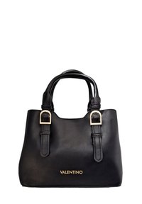 Borsa in pelle nera con doppi manici, dettagli in metallo color oro e una texture liscia. Presenta un logo nella parte inferiore.