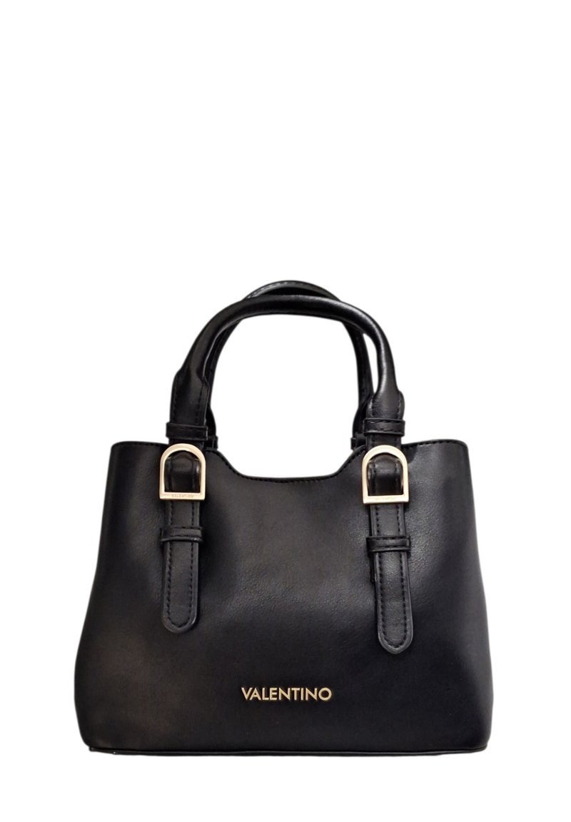 Borsa in pelle nera con doppi manici, dettagli in metallo color oro e una texture liscia. Presenta un logo nella parte inferiore.