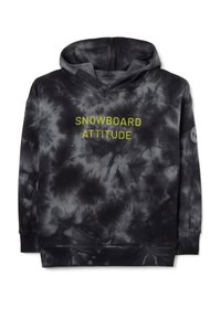 Sudadera con capucha en un patrón de tie-dye negro, que presenta "SNOWBOARD ATTITUDE" en texto amarillo brillante y puños y borde acanalados.
