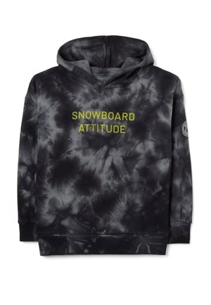 Sweat-shirt à capuche dans un motif tie-dye noir, avec "SNOWBOARD ATTITUDE" en texte jaune vif et des poignets et un ourlet côtelés.