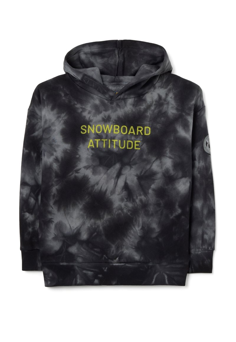 Sudadera con capucha en un patrón de tie-dye negro, que presenta "SNOWBOARD ATTITUDE" en texto amarillo brillante y puños y borde acanalados.