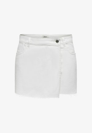 Gonna in denim bianco con orlo grezzo, chiusura frontale a bottoni e due tasche laterali. Design semplice con una leggera forma a linea A.