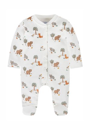 Witte katoenen baby romper met lange mouwen, voorzien van een bedrukking met bosdieren in bruin, grijs en oranje. Drukknoopsluiting aan de voorkant.