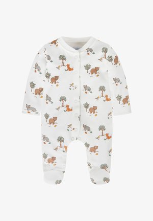 Fehér pamut baba overall hosszú ujjakkal, barna, szürke és narancssárga erdei állat mintával. Patentos záródás az elején.