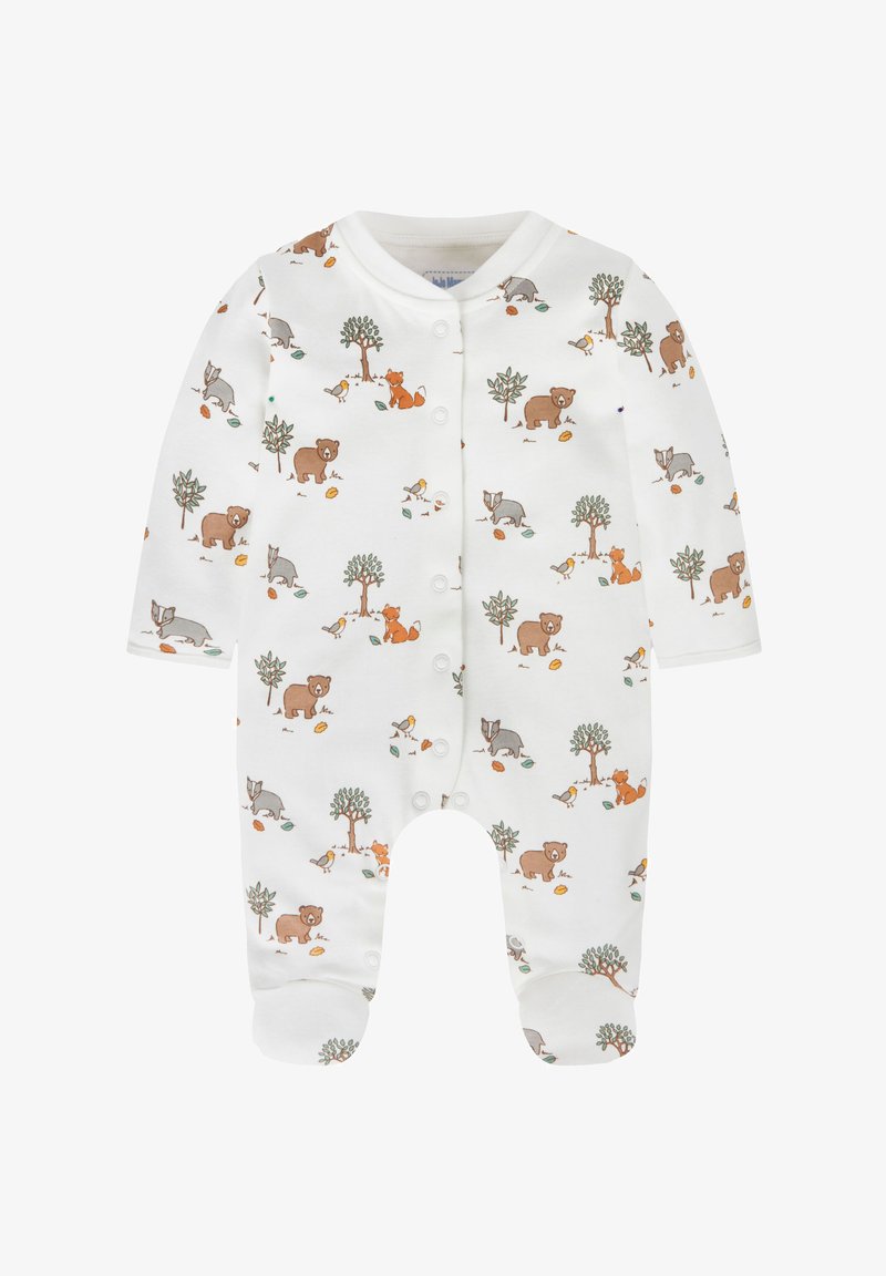 Romper blanco de algodón para bebé con mangas largas, que presenta un estampado de animales del bosque en tonos marrón, gris y naranja. Cierres a presión en la parte delantera.