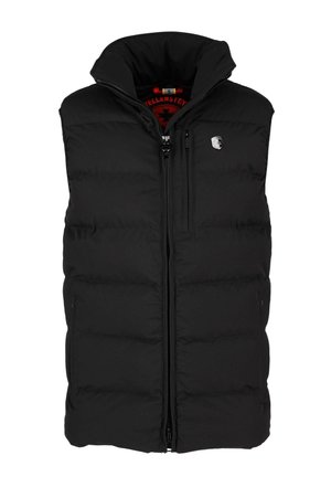 Black padded vest with high collar, full front zipper, and zippered chest pocket. Features a logo on the chest and smooth texture.
