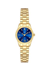 Zeltaini metāla pulkstenis ar apaļu zilu ciparnīcu, ribotu maliņu un zeltainām stundu atzīmēm. Iespējo savienotu aproci drošai valkāšanai.