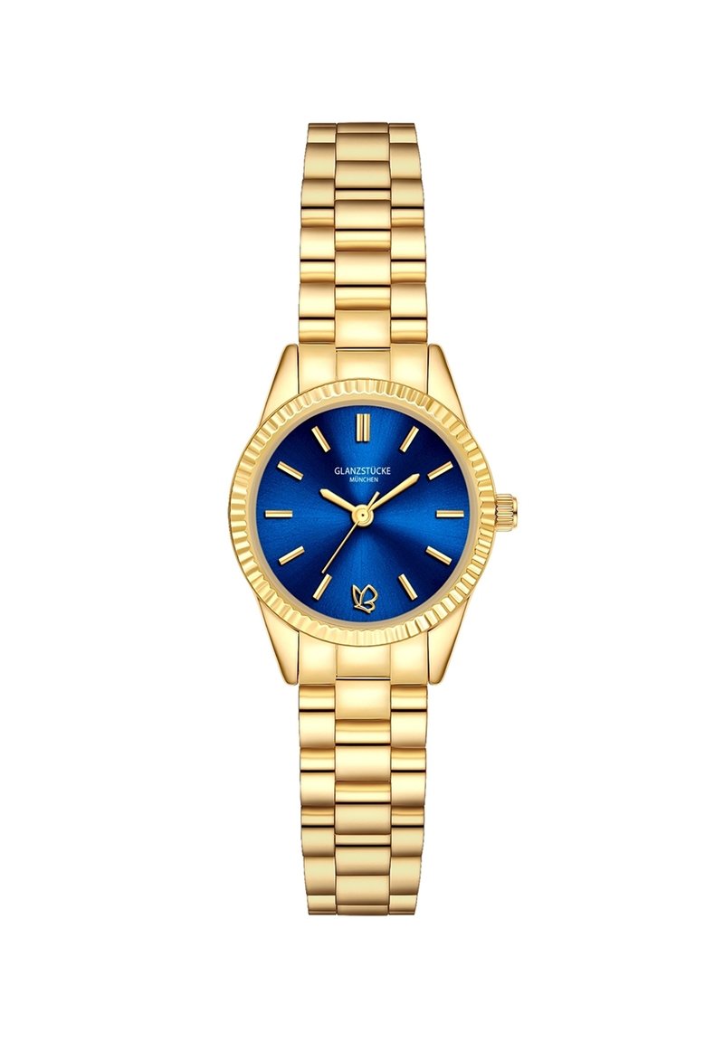 Zeltaini metāla pulkstenis ar apaļu zilu ciparnīcu, ribotu maliņu un zeltainām stundu atzīmēm. Iespējo savienotu aproci drošai valkāšanai.