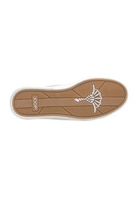 Semelle de chaussure avec une texture en caoutchouc marron, présentant un logo floral en blanc, et un motif de bande de roulement pour l'adhérence. Bord blanc entourant la semelle.